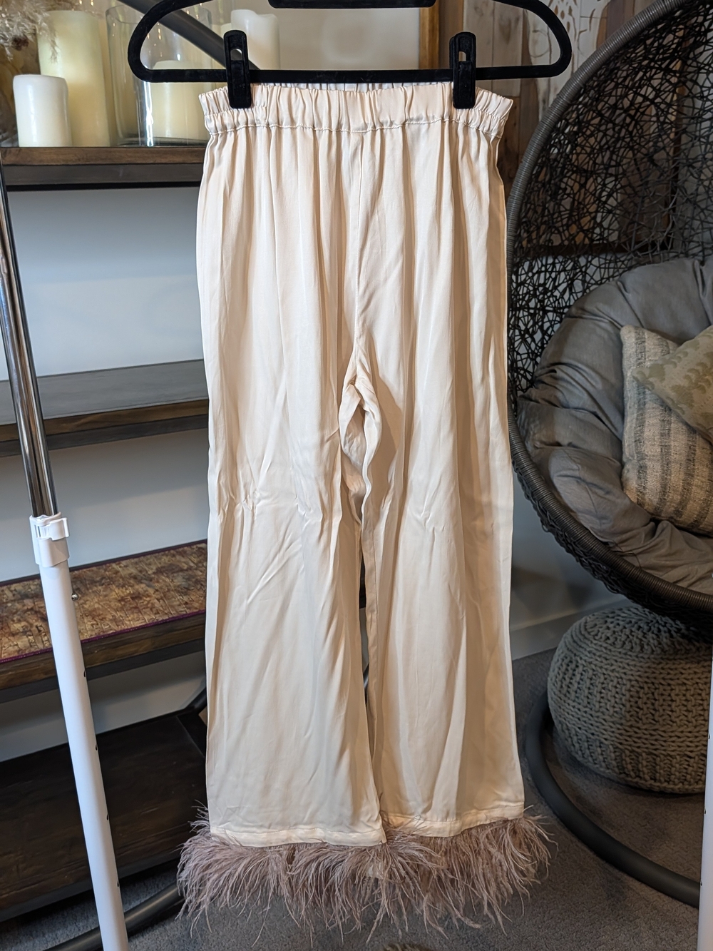 Sleeper Feather Trim Wide-Leg Pants in Cream